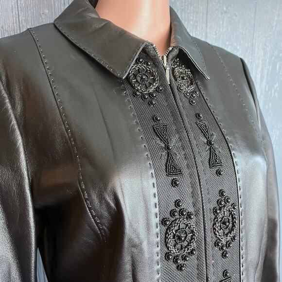 Talk of The Walk Black Leather Jacket M Beaded Luxe Glam Preppy Old Money Y2K - Picture 2 of 8